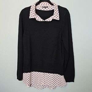 Adrianna Papell Twofer Faux Layered Collared Sweater Black with Pink Hearts LG